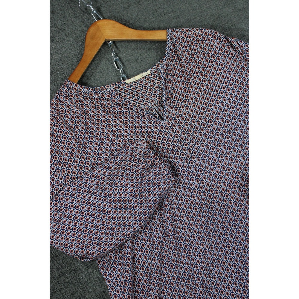 Fun2Fun Womens Navy Orange Geometric Medallion V-Neck Blouse Top Size M FD87762